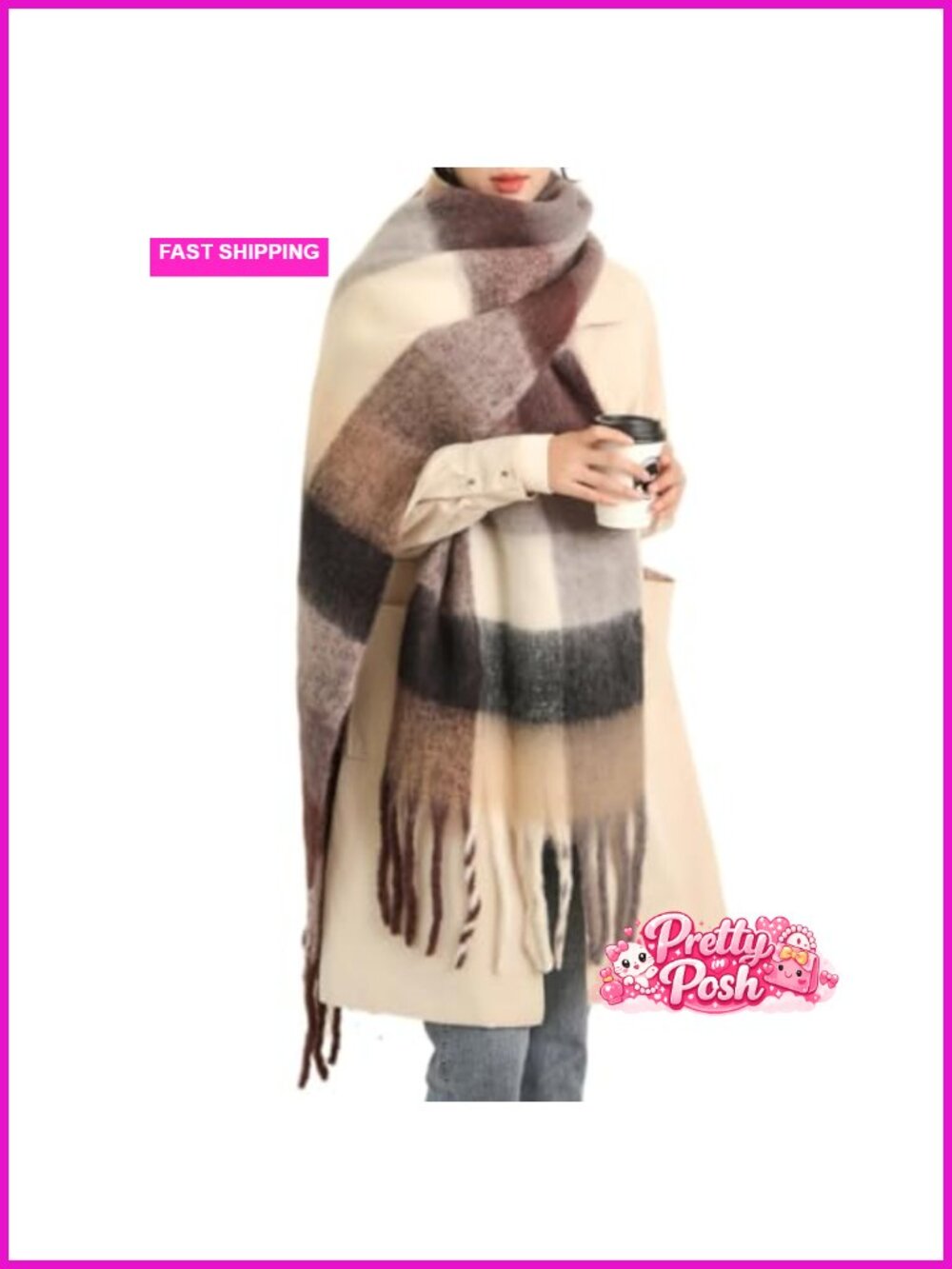 Chunky Knit Plaid Winter Scarf Large Oversized Shawl Acrylic